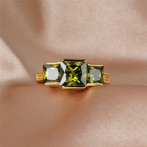 Luxury Female Olive Green Crystal Stone Ring Yellow Gold Color Wedding Rings For Women Vintage Bride Square Engagement Ring