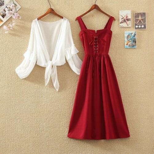 Summer New 2pcs Two Piece Sets Women Lantern Sleeve Bow Tie Ruffle Chiffon Blouse Shirt Tops +Long Strap Lace Up Pleated Dress