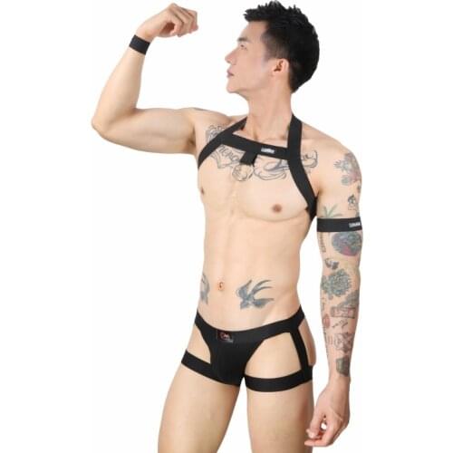 Shoulder Strap Harness Men Sexy Underwear Set Chest Elastic Band Bondage Halter Belt Hollow Costume Clubwear with Metal O-ring