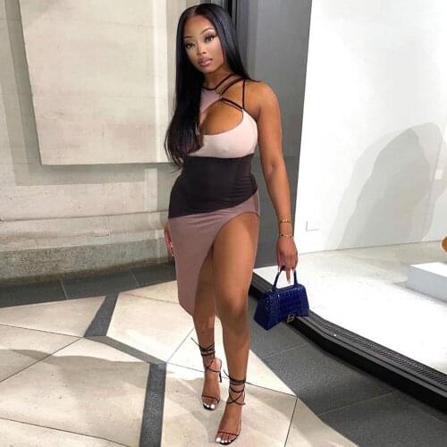 Contrast Color Patchwork Summer Bodycon Dress Women Hollow Front Sleeveless Skinny Dress Elegant Side High Split Backless Dress