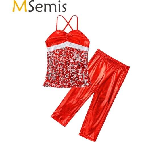 Girls Jazz Dance Costume Children Korean Sexy Dance Clothes Shiny Sequins Top Pant Outfits New Calories Ballet Dance Costumes