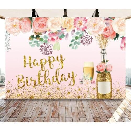Beautiful Flowers Women Birthday Backdrop Photography Golden Glitter Champagne Cheers Girl Party Table Background For Decor
