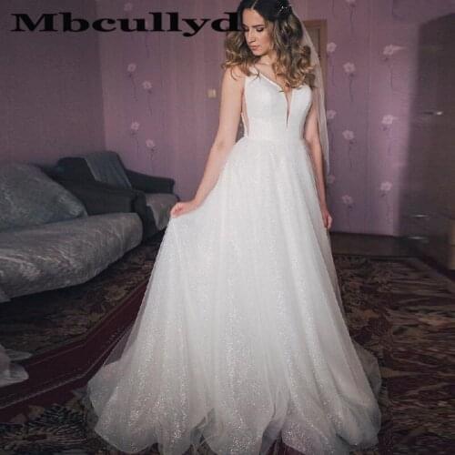 Mbcullyd Shining Tulle Garden Wedding Dresses Long 2020 Formal Sweep Train Boho Dress For Bridal Cheap Plus Size suknia slubna