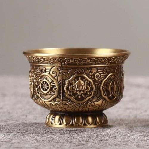 Mini Relief Copper Drinking Bowl Pure Brass Carved Auspicious Holy Water Cup Golden Buddhist Bowl Wedding Homes Gift Decorative