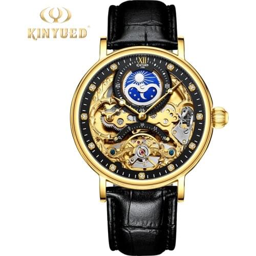 KINYUED Mechanical Watches Mens 2020 Skeleton Automatic Watch Men Luxury Brand Tourbillon Moon Phase Time Zone reloj de hombre