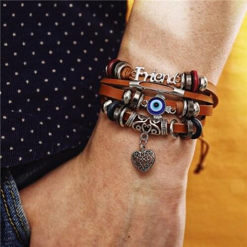 IF ME Friendship Adjustable Multilayer Leather Bracelet Men Male Handmade Eyes Heart Bracelet Bangles Set Arm Jewelry 2019 NEW