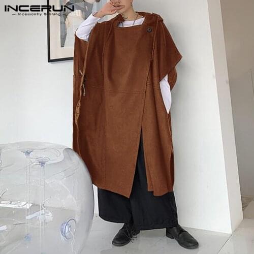 INCERUN Men Cloak Solid Color Casual Coats Hooded Baggy Ponchos Button Punk Style Streetwear Fashion Mens Long Trench Outerwear