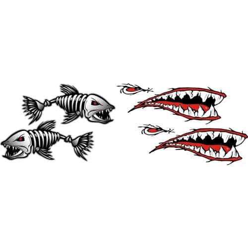 2 Pieces Shark Teeth Mouth Decal Stickers + 2 Pieces Skeleton Fish Decals Stickers - Kayak Canoe Dinghy Boat Car Truck