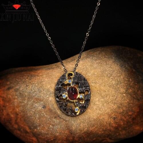 New 925 Silver Pendant Necklace inlaid with ruby, hollow out retro pattern lines and gold dual color brand jewelry