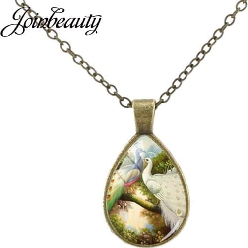 JOINBEAUTY Colour Peacock Birds Water Drop Shaped Necklace Vintage Glass Cabochon Animal Pattern Simple Pendant Jewelry BP01 03