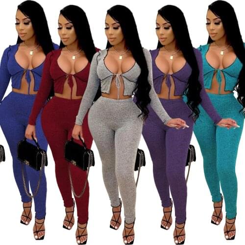 Sexy Women Two Piece Pants Set Bandage Crop Top + Long Pants Streetwear Clothes For Women Solid Color Suits