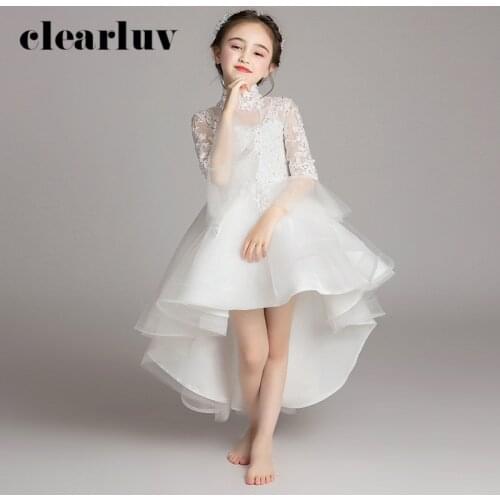 High Collar Flower Girl Dress B049 White Long Sleeves Kids Evening Gowns Short Front Long Back Wedding Party Dress for Girl Kids