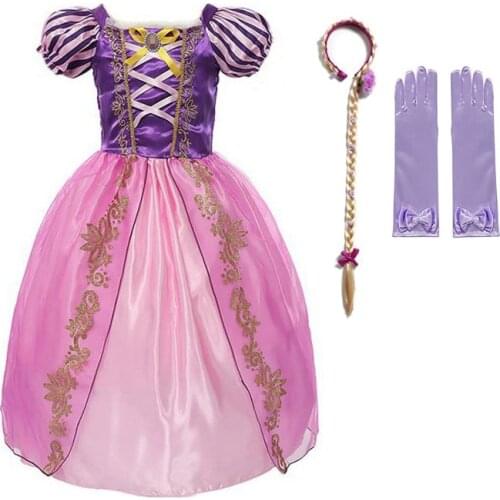 Girls Rapunzel Dress Puff Sleeve Tangeled Fancy Cosplay Princess Costume For Birthday Party Children Halloween Outfit Clothes