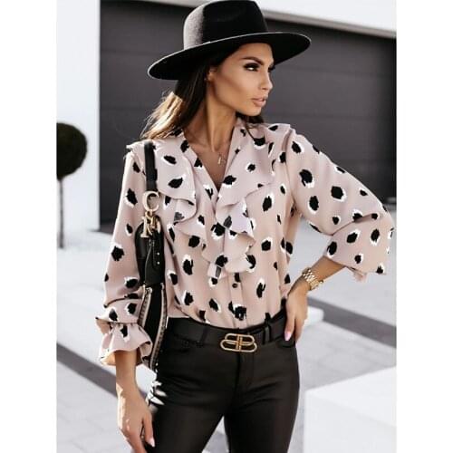 Casual Leopard Dot Print Ruffle Blouse Shirt Autumn Winter Long Sleeve Women Shirts Elegant Office Lady V-Neck Button Tops Blusa