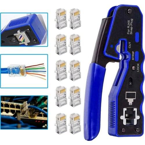 Mayitr 1pc Durable HD RJ45 EZ Pass Through Crimping Tool Portable Wire Pressing Pliers + 10 Network Cable Connector