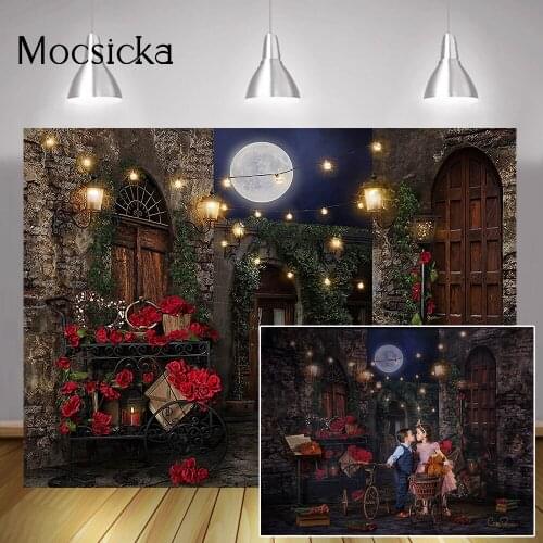 Rose Night Backdrop Valentines Day Portrait Photography Background Red Flower Retro Town Wedding Bridal Shower Photocall Studio