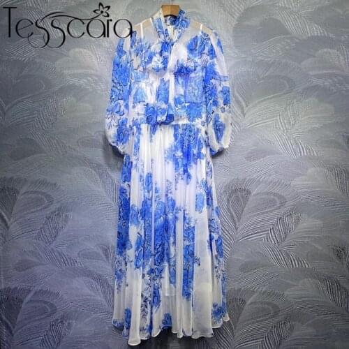 TESSCARA Women Elegant Blue Chiffon Dress Festa Female High Quality Long Wedding Party Robe Femme Runway Bow Designer Vestidos