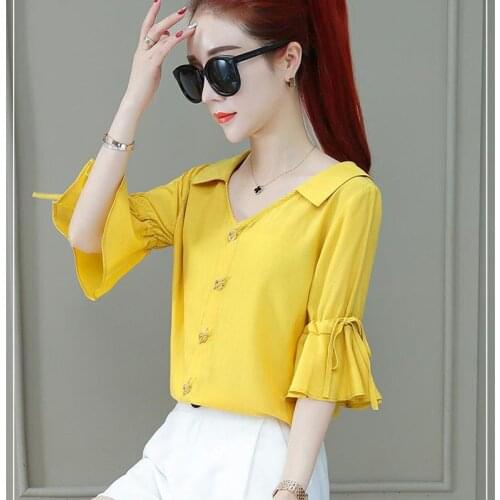 Women Spring Summer Style Turn-down Collar Short Flare Sleeve Blusas Tops Yellow Blue White DD2630
