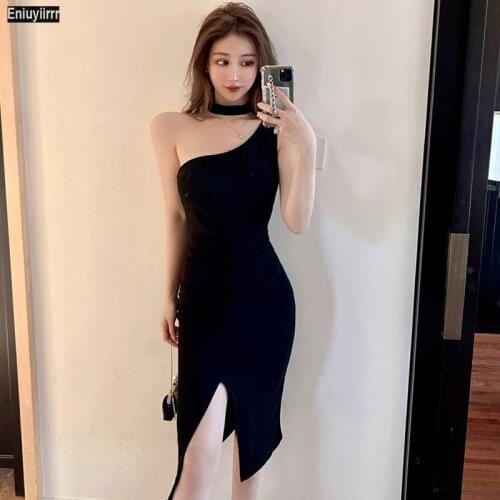 Lady Solid Sexy Halter Sleeveless Hollow Cut-Out Irregular Hem Split Vestidos Christmas Women Street Style T Shirts Dress Long