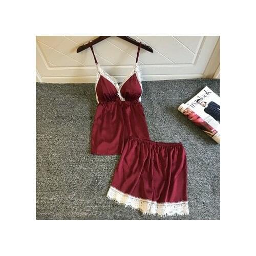 Daeyard Womens Pajamas 2Pcs Silk Pajama Set Sexy Lace Patchwork Cami And Shorts Pijamas Sleepwear Summer Pijamas Home Clothes