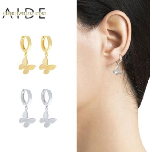 AIDE Fashion Butterfly pendientes Hoop Earrings for Women INS Glossy Pierced 925 Sterling Silver Earings Fine Jewelry oorbellen