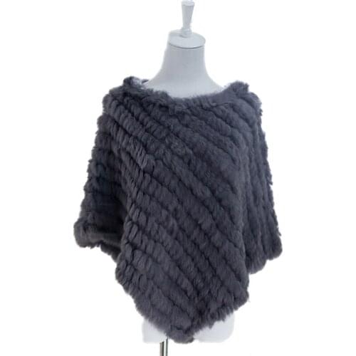 Women Genuine Rabbit Fur Capes Coat Hand-Woven Ponchos Winter Warm Wraps Fluffy Soft Party Shawl Coffee Grey
