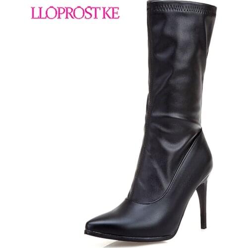 Lloprost ke 2019 wholesale big size 50 women mid calf boots pointed toe thin high heels autumn boots sexy woman party prom shoes