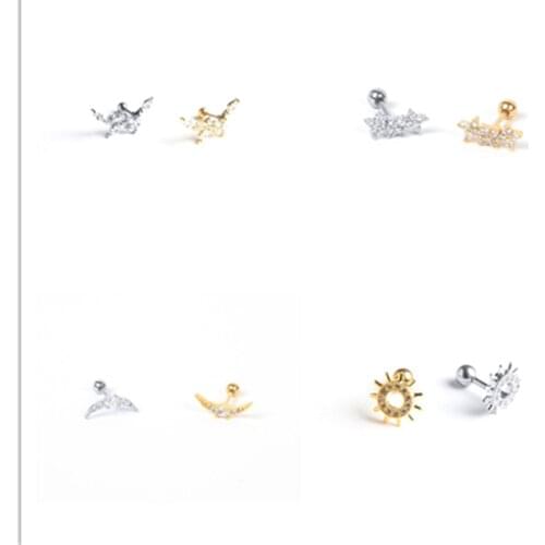 Canner Real 925 Sterling Silver Stud Earrings Sun Moon Thread Piercing Ear Bone Nails Earrings For Women 2020 Fashion Jewelry