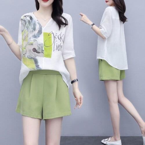 2020 Summer Short Two Piece Set Women Hidden Breasted Loose Shirt Top + Green Wide Leg Mini Pants Female Work Wear Fashion Suits