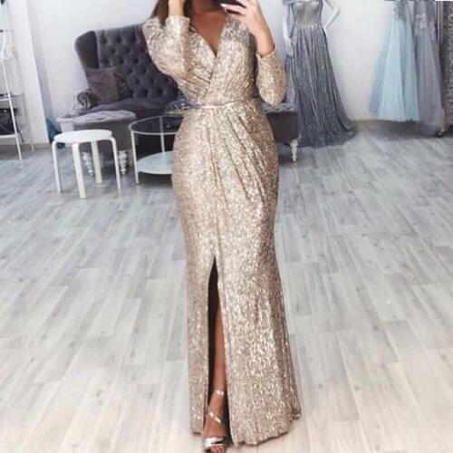 Womens Long Dress Sexy Deep V-neck Glitter Evening Dress Solid Color Ladies Long Sleeve Dinner Party Dress Vestidos de festa