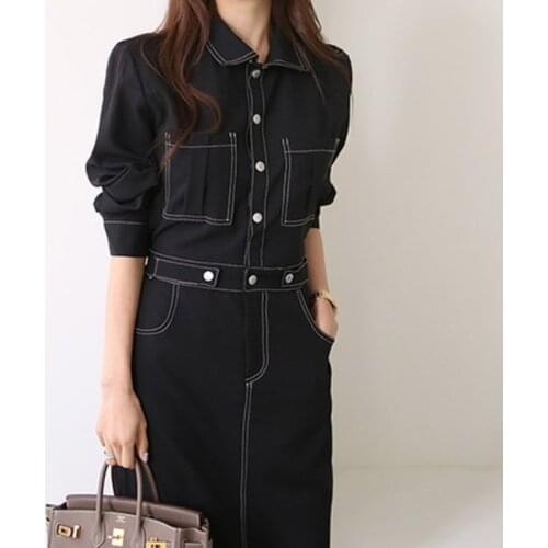 2021 Spring Spring Female New Safari Style Turn Down Neck Solid Color Long Sleeve Minimalist Adjustable Waist Dress