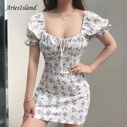 Women Dress Retro Square collar White Floral Printing Backless sweet Puff Sleeve Summer Mini Dress Elegant Office Female Dresses