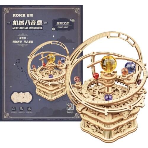 Starry Night Music Box 3D Wooden Puzzle DIY Assemble Wooden Model Mechanical Music Box JS22