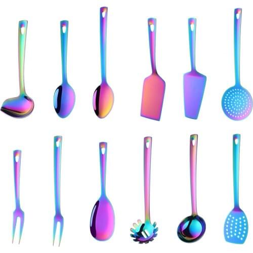 1PC Rainbow Stainless Steel Nonstick Kitchen Utensils Cooking Tool Long Serving Sets Scoop Spoon Fork Turner Ladle Cake Shovel