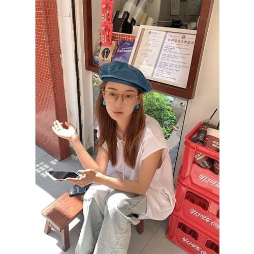 202007-JJ036 new autumn faux leather solid lady beret cap men women street leisure painter hat