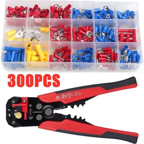 300pcs Insulated Spade Terminals Cable Connector Electrical Wire Crimp Butt Ring Fork Set Ring Lugs + Stripper Crimping Plier