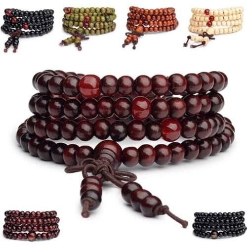 6mm Natural Sandalwood Buddhist Buddha Wood Prayer Beaded Knot Black Ebony Unisex Men Bracelets & Bangles for Women Wholesale