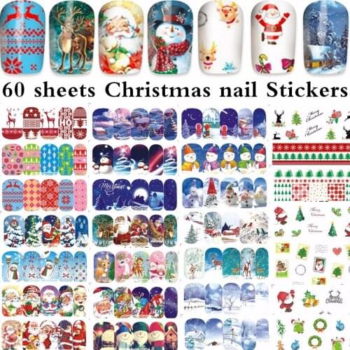 60 sheets mixed design Christmas water decal nail art nail sticker slider tattoo full Cover Santa Claus snowman xmas Decals 1188