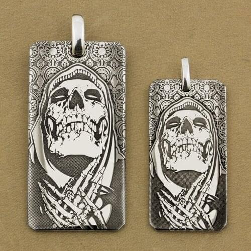 999 Pure Silver High Details Deep Laser Engraved Praying Skull Dogtag Mens Biker Punk Pendant 9X028S Just Pendant