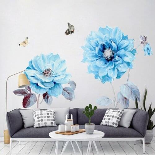 Large 3D Blue Flowers Wall Sticker Butterflies Wall Art Decals Decoration Living Room Wedding Bedroom Home Decor Vinyl Wallpaper