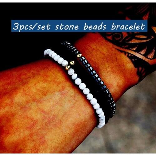 3pcs/set men bracelet 6mm stone beads bracelets Mens jewellery friends gift elastic rope pulsera hombre Men jewelry accesorios