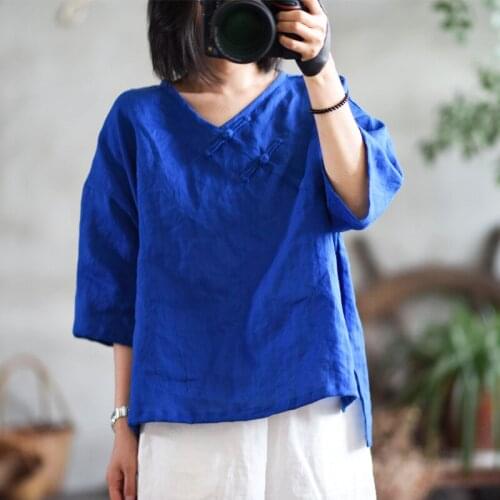 Breathable Soft Women Cotton Linen Shirts Solid Color Blouses V-Neck Half Sleeve 2021 Spring New Button Vintage Women Loose Tops