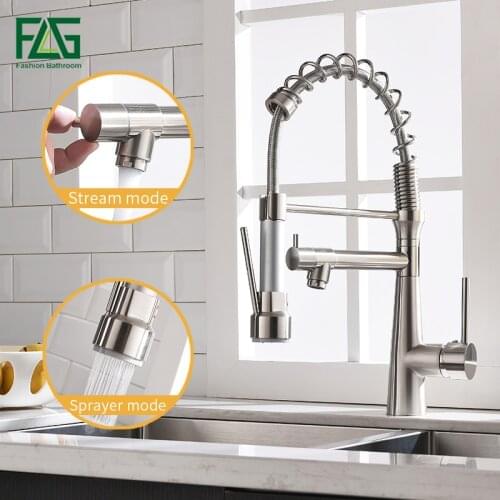 FLG Kitchen Faucets Brushed Nickel Faucets for Kitchen Sink Single Pull Out Spring Spout Mixers Tap Hot Cold Water Tap 1015-33N