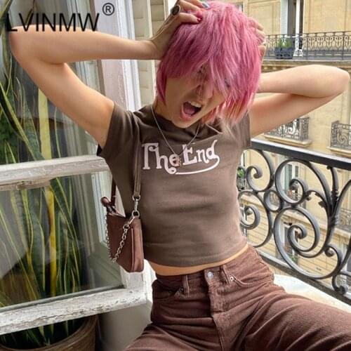 LVINMW O Neck Short Sleeve Letter Printed Casual Basic Tees Slim Simple Daily Brown Summer T Shirts For Women Tops Streetwear