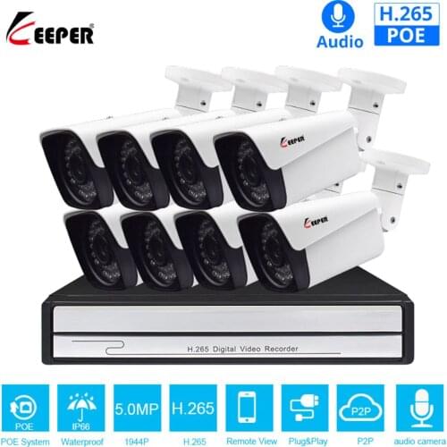 Keeper H.265 8CH 5MP POE NVR System kit With 8pcs 5MP Onvif POE IP security CCTV Camera with audio speaker cctv camera kit