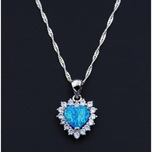 Fashion Crystal Rhinestone Heart Shaped Pendant Necklace Women Round Blue Opal Chian Necklaces for Girls Love Couple Jewelry