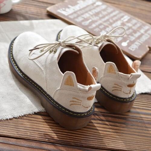Mori literary single shoes cute cat flat shoes Korean handmade original round head tie casual shoes college wind womens shoes