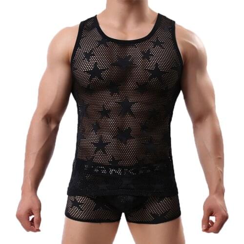 Men Undershirts Sets Sleeveless Tank Tops Boxer Shorts Mesh Transparent Underwear Breathable Sleepwear Sports Gym Shirts Shorts