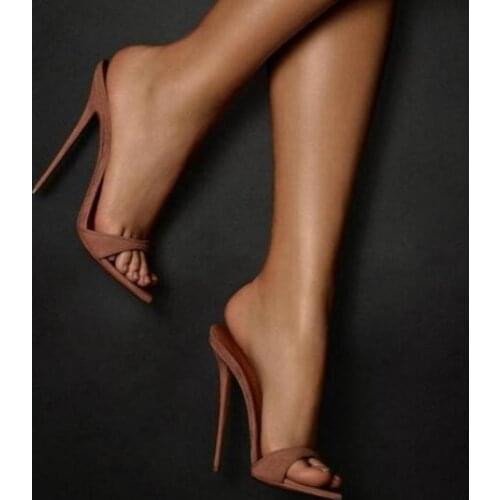 New Fashion Woman Dark Nude Suede Pointed Open Toe Sandals Female Slip On Stiletto Heels Sippers Pumps Sandals Shoes Big Size 45