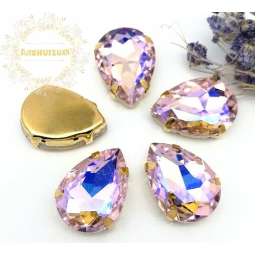 Pink AB Dazzle color Water drop Glass Crystal sew on rhinestones with GOLD four claw Diy weddingdress Free shipping